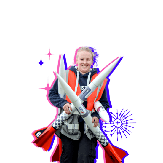 A girl carrying rockets for a competition.